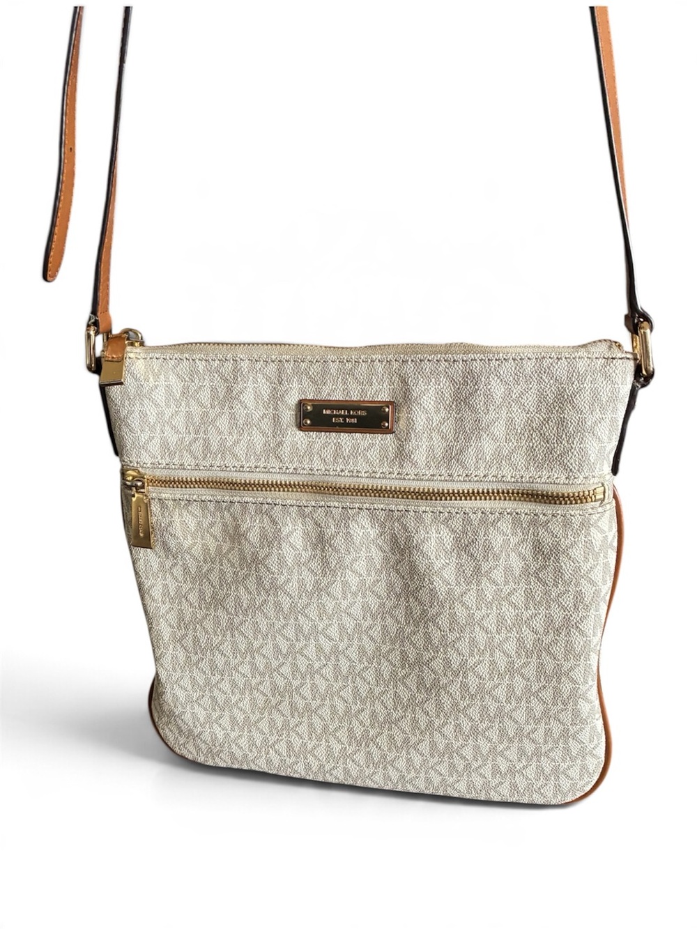 Michael Kors Cream and Tan Crossbody with Gold Hardware COA included